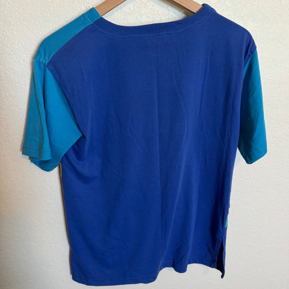 Vintage 80s Kidcore Colorblock Bold Spirit T-Shirt Small Blue Yellow Pink - Picture 3 of 4